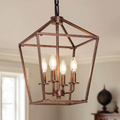 Chandelier for Dining Room, 4-Light Rustic Chandelier Fixtures, Vintage Ceiling Light with Adjustable Height, Antique Bronze Geometric Hanging Light for Bedroom, Foyer, Kitchen, Living Room, Entryway - Loft&Timber