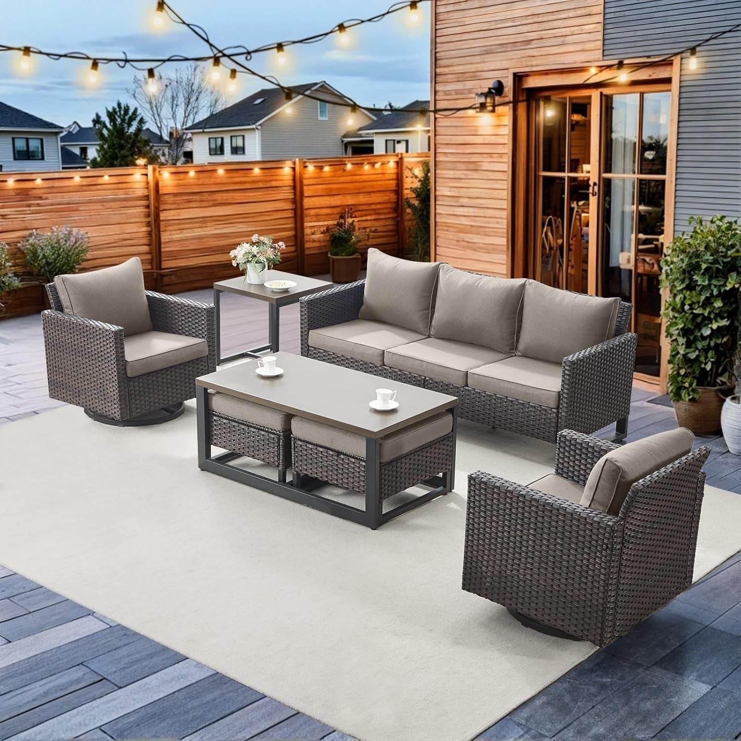 Seven Piece Outdoor Wicker Patio Furniture Set With Swivel Rockers - Loft&Timber