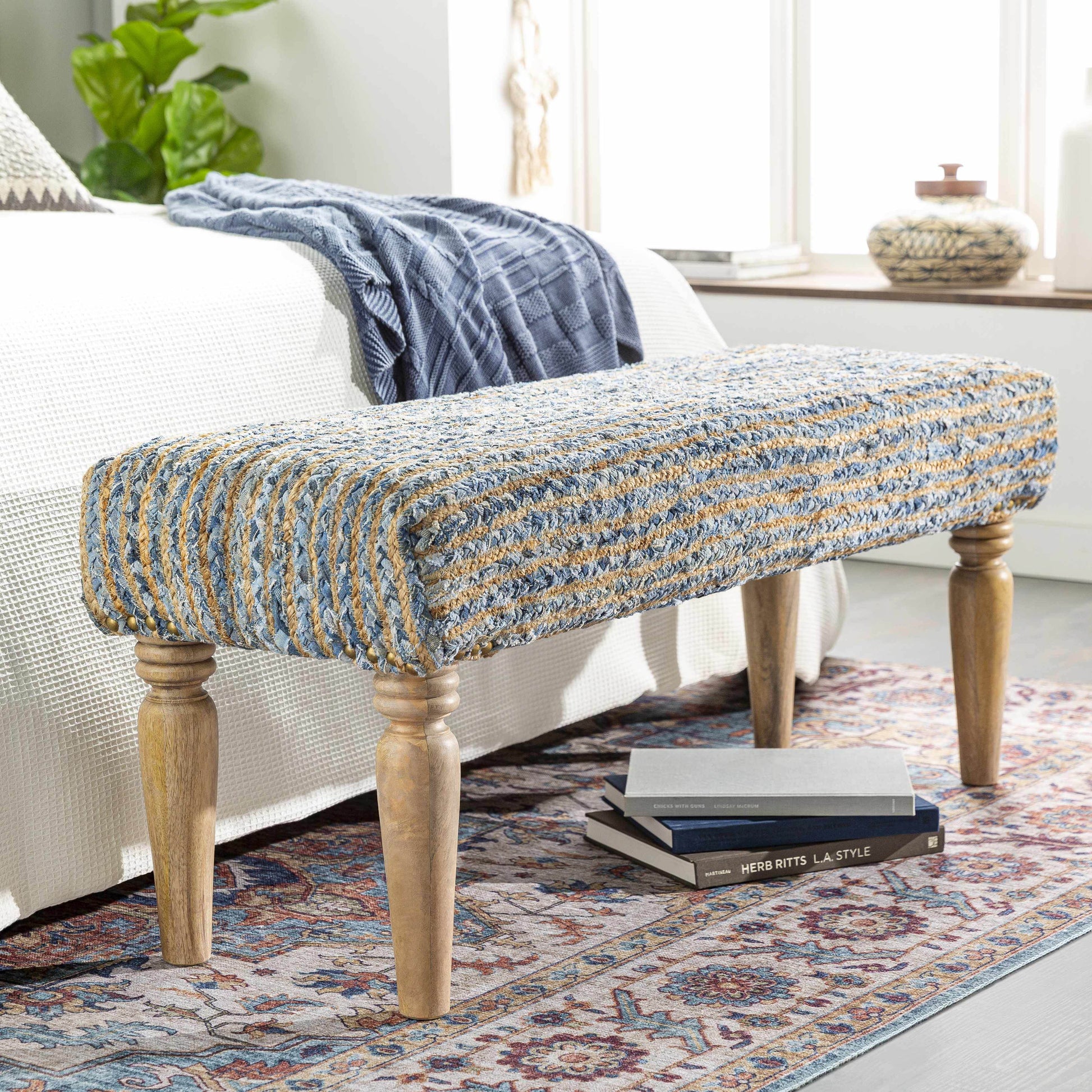 Barongis Blue&Naturak Jute Wood Legs Bench - Loft&Timber