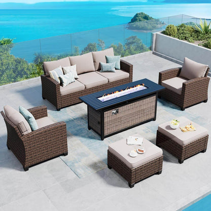 Patio Furniture Set Outdoor Furniture Brown Wicker Rattan Patio Conversation Sets with Cushion outside Sofa Set,6 Pieces with Rectangular Firepit Table,7 Seats,Beige - Loft&Timber