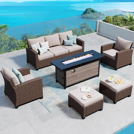 Patio Furniture Set Outdoor Furniture Brown Wicker Rattan Patio Conversation Sets with Cushion outside Sofa Set,6 Pieces with Rectangular Firepit Table,7 Seats,Beige - Loft&Timber