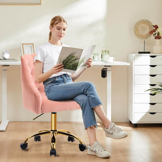 Velvet Office Swivel Chair, Vanity Chair, Fabric Desk Chair, Pretty Fancy Chair, Gold Office Chair for Girls, 360°Swivel Height Adjustable Reception Chair (Pink) - Loft&Timber