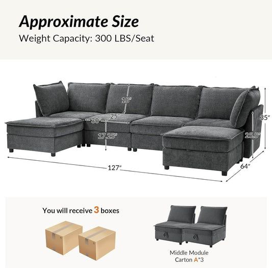 127'' Modular Sectional Sofa, Oversized U Shaped in Gray - Loft&Timber
