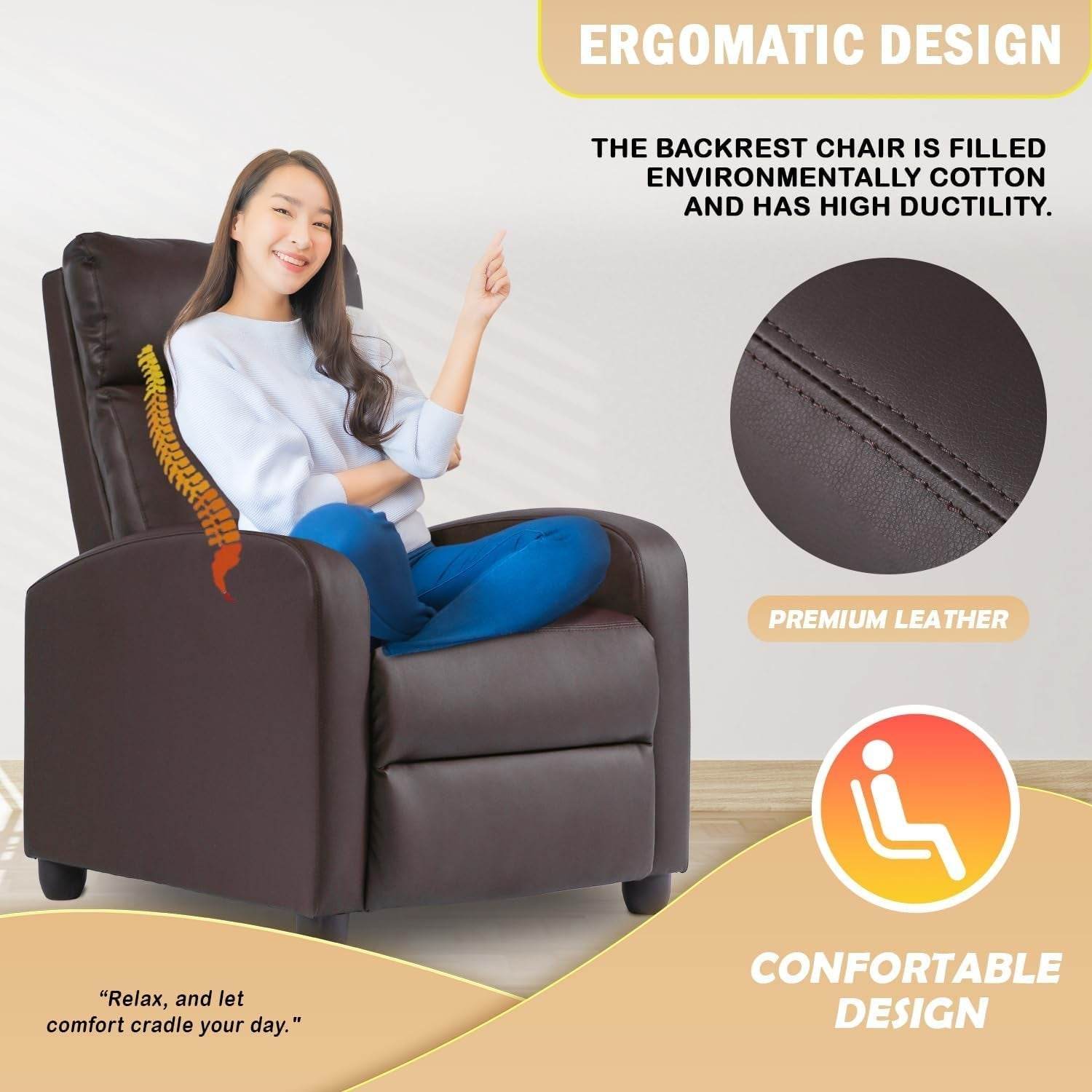 Recliner Chair Single Reclining Sofa, Brown - Loft&Timber