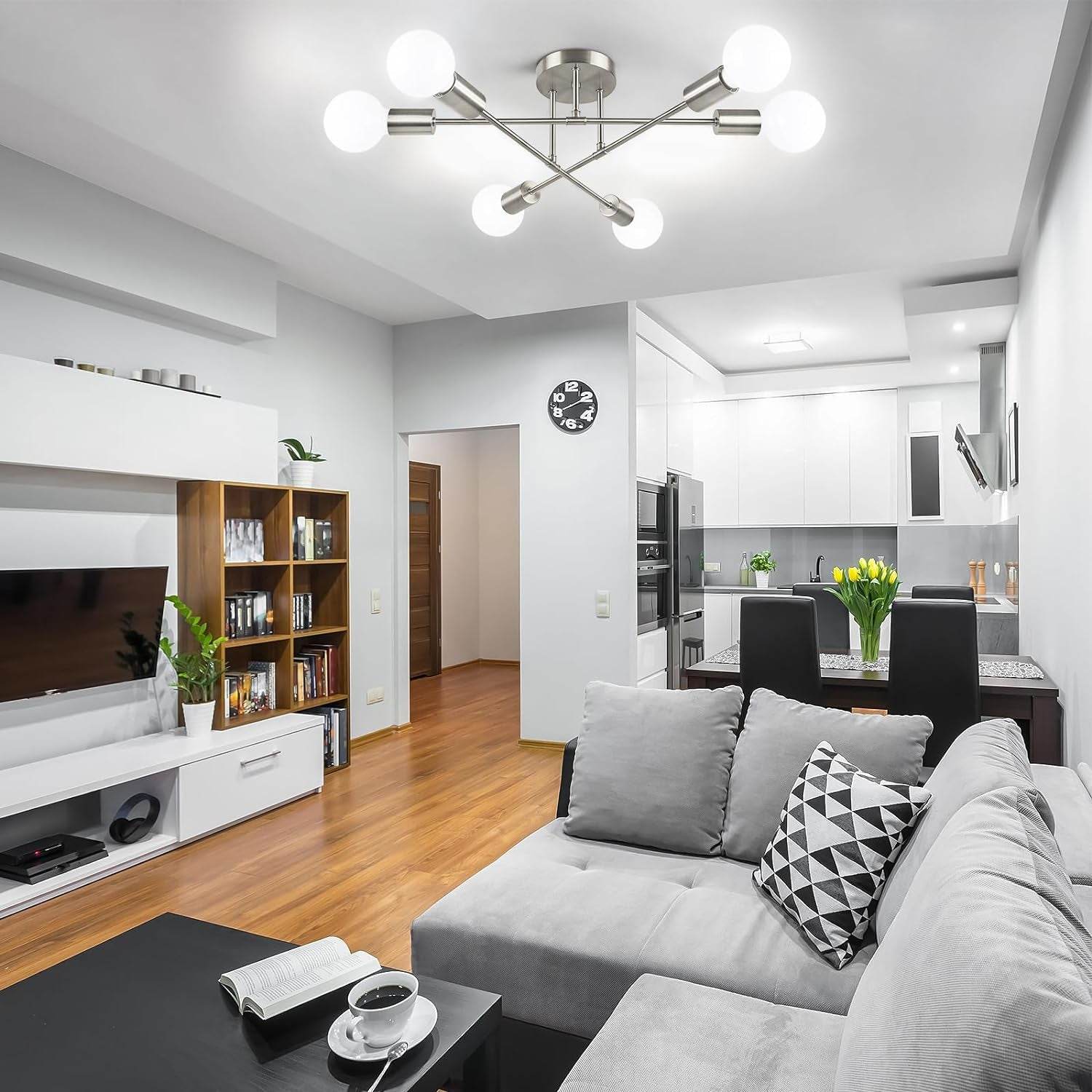 Modern Sputnik Chandelier, 6-Light Ceiling Light Fixture, Bedroom Light Fixture, Sputnik Lights Fixture for Living Room, Dining Room, Kitchen, Office, Foyer, Hallway (Brushed Nickel) - E26 Base - Loft&Timber