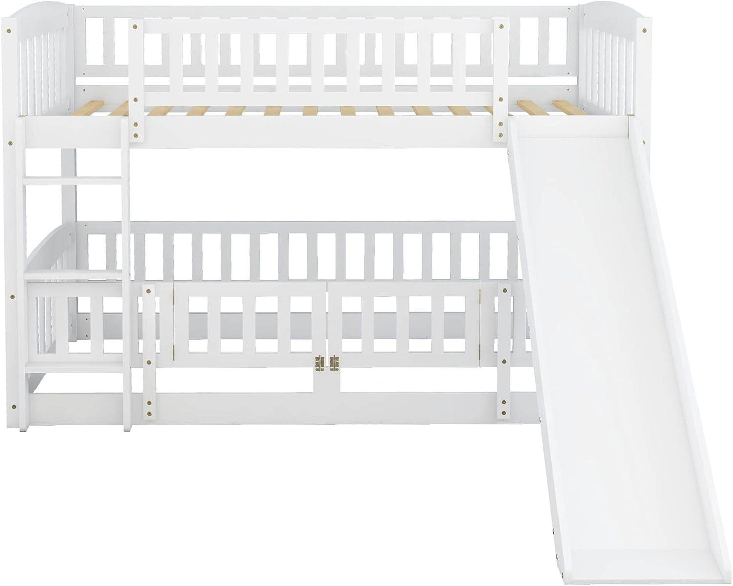 Bunk Bed Twin over Twin with Slide and Stairs, Twin Bunk Bed for Kids, Girls, Boys, Floor Bunk Bed with Fence and Door, White - Loft&Timber