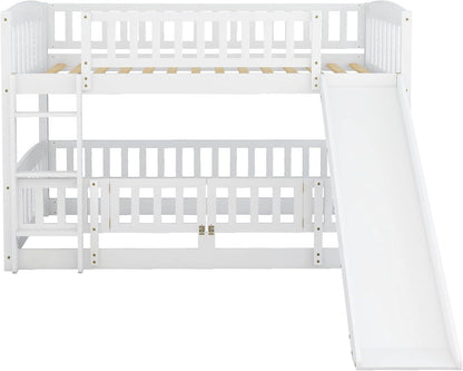 Bunk Bed Twin over Twin with Slide and Stairs, Twin Bunk Bed for Kids, Girls, Boys, Floor Bunk Bed with Fence and Door, White - Loft&Timber
