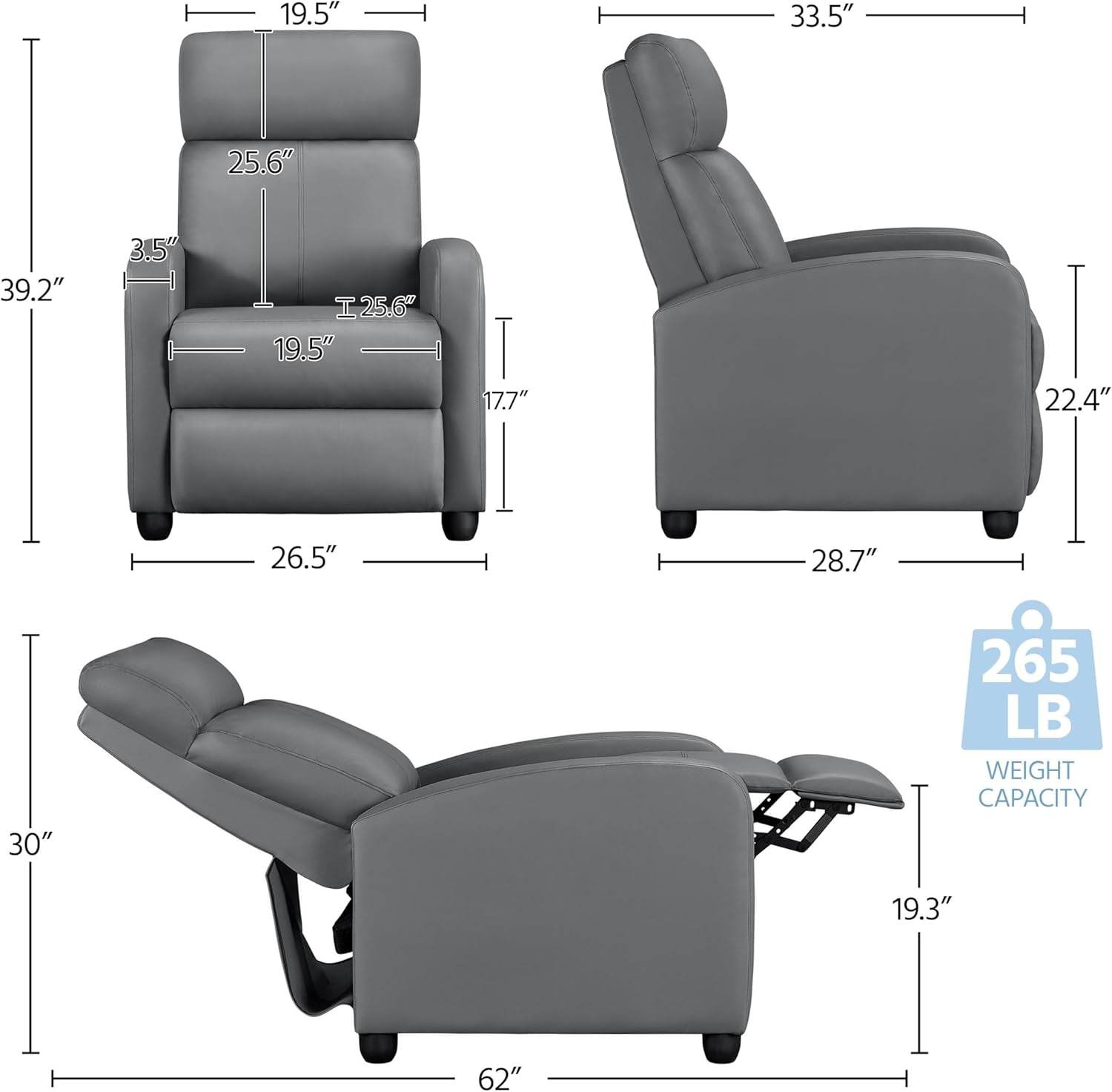 Recliner Chair PU Leather Recliner Sofa with Lumbar Support Overstuffed High-Density Sponge Push Silver Gray Recliner - Loft&Timber
