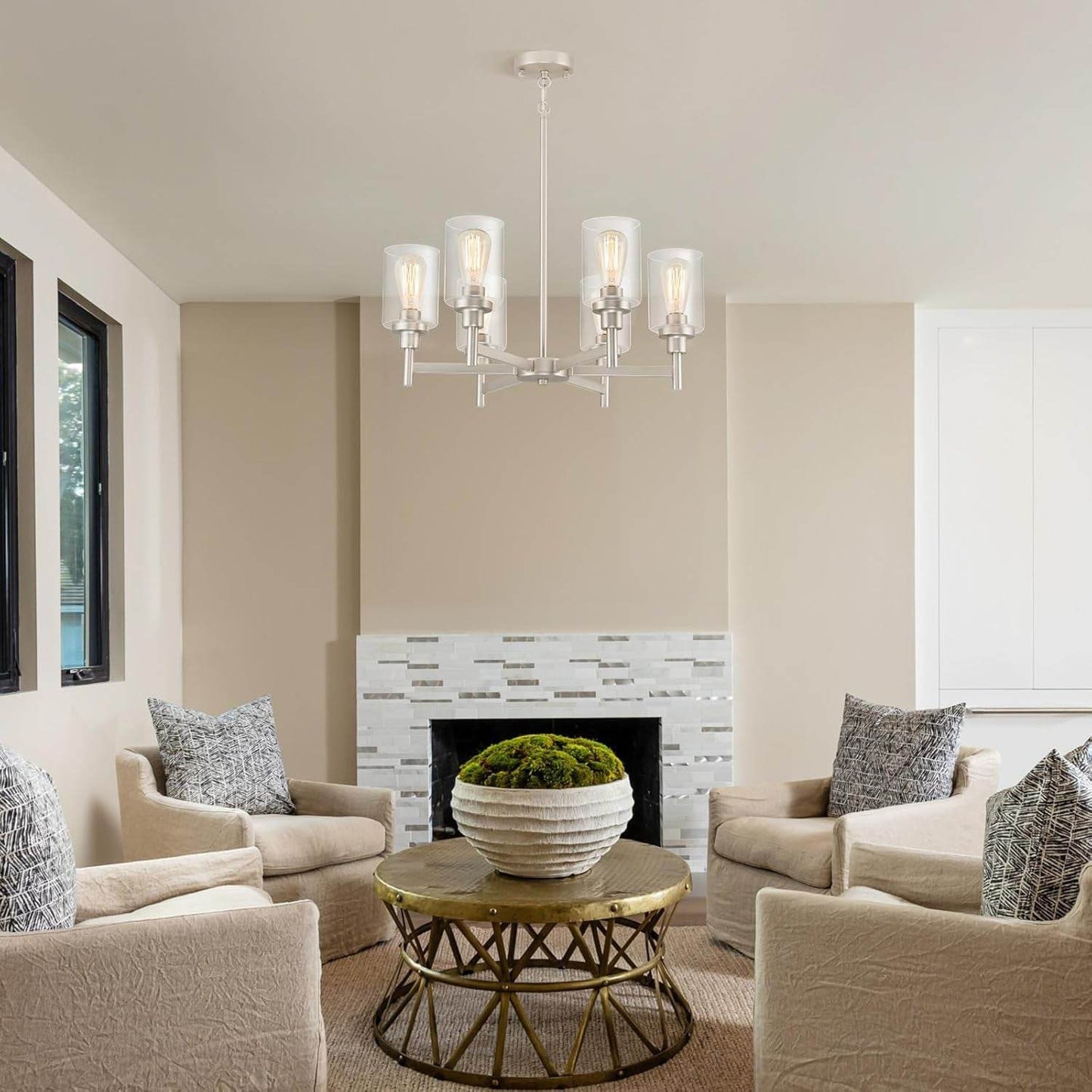 Brushed Nickel Chandeliers for Dining Room Light Fixture over Table, 6 Lights Farmhouse Chandeliers with Clear Glass Shade Chandelier for Living Room Kitchen Entryway Bedroom Bathroom - Loft&Timber