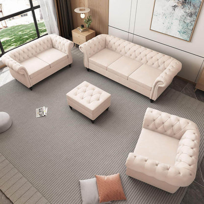 3-Piece Living Room Sectional Sofa Set, Upholstered Sofa Modern Sofa Couches Set Style Button Tufted, Velvet Chesterfield Sofa for Living Room Apartment, 1+2+3 Seat Beige - Loft&Timber