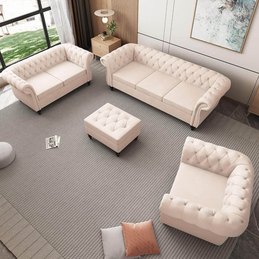 3-Piece Living Room Sectional Sofa Set, Upholstered Sofa Modern Sofa Couches Set Style Button Tufted, Velvet Chesterfield Sofa for Living Room Apartment, 1+2+3 Seat Beige - Loft&Timber