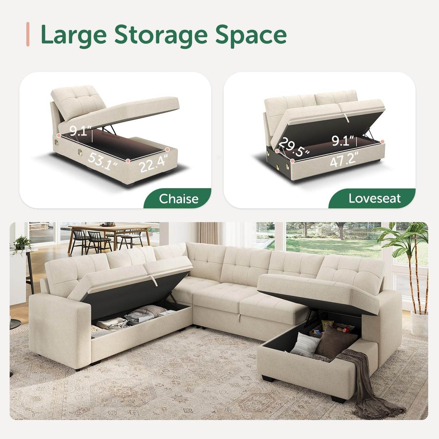 Beige U Shaped Sleeper Sofa Bed with Storage - Loft&Timber