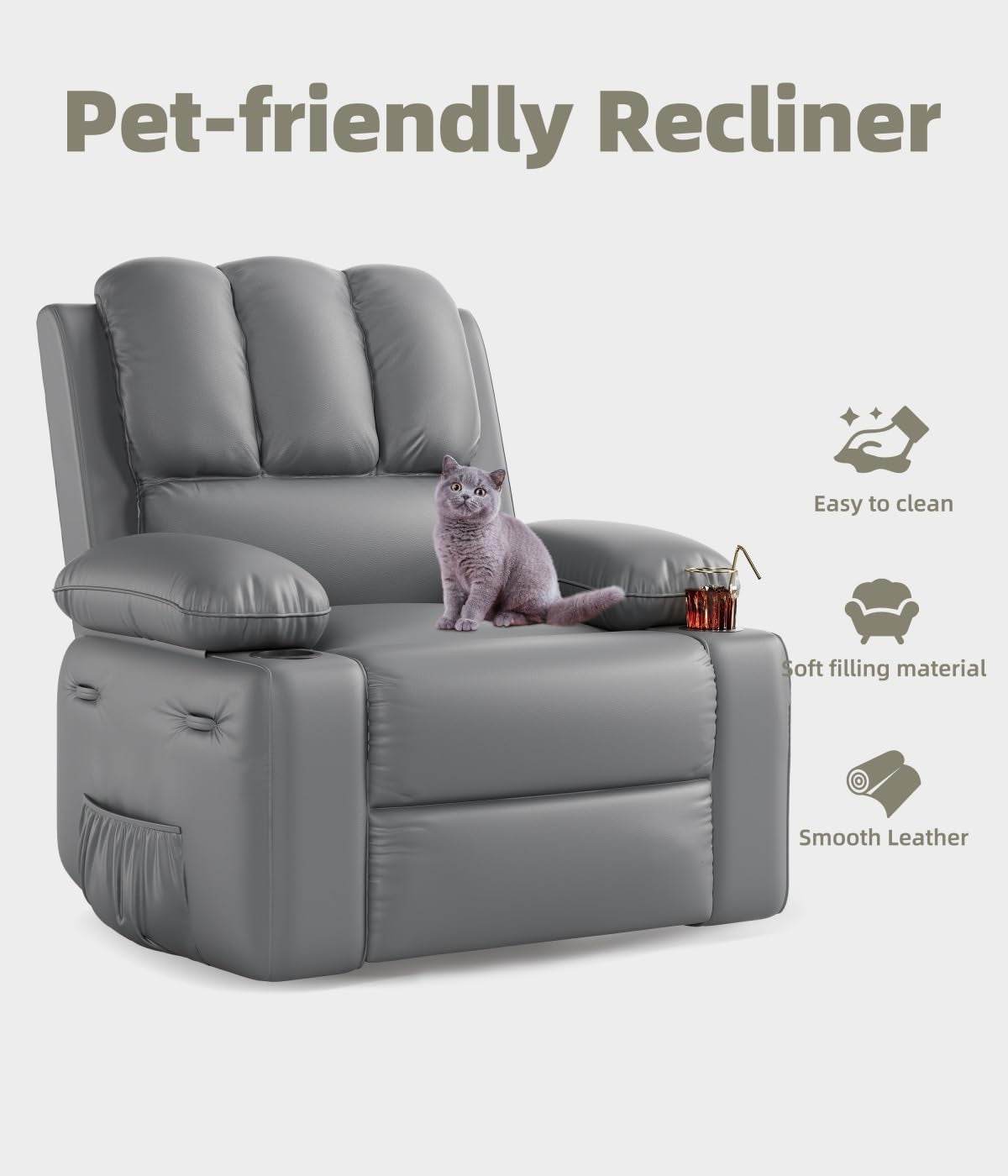 Oversized Recliner Chairs with Heat and Massage - 360° Swivel - Grey - Loft&Timber