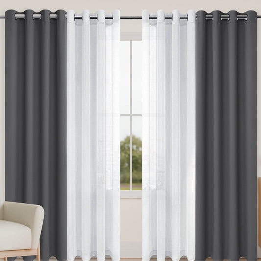 4pcs/SET Curtains - 2pcs Blackout Curtains with Tiebacks And 2pcs Sheer Curtains - Loft&Timber
