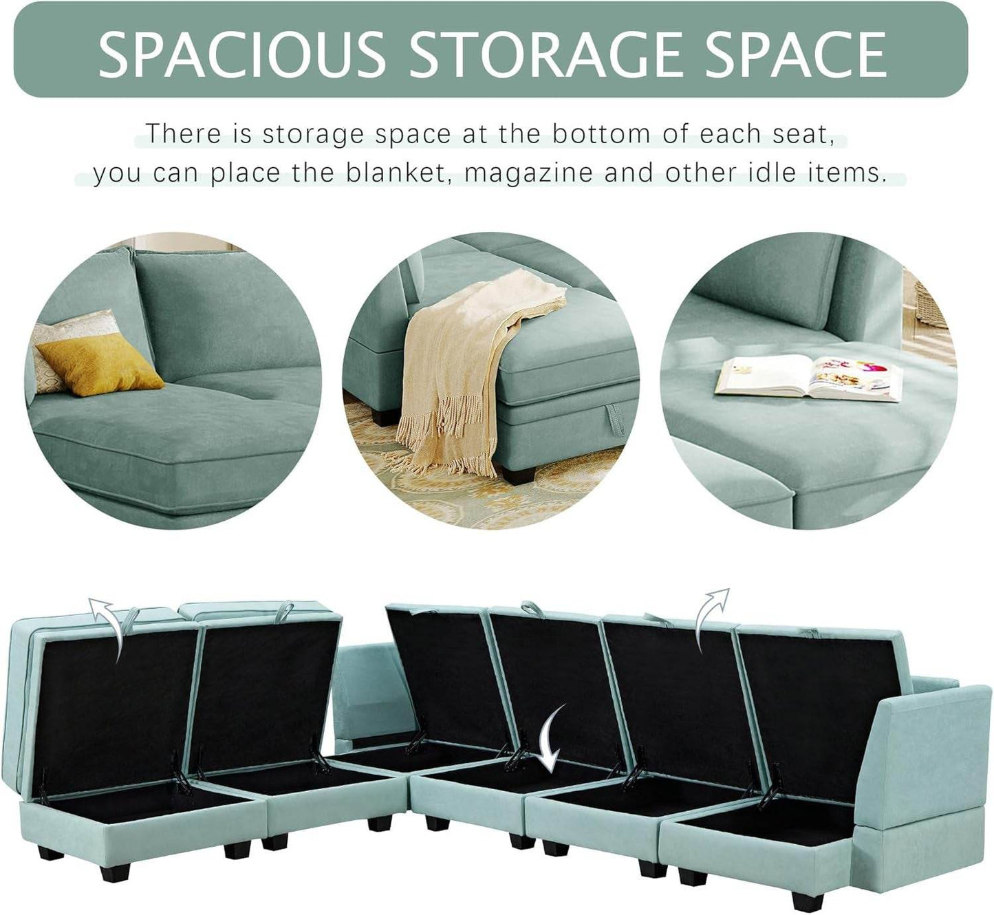 Large U-Shaped Combination Corner Sofa with Storage Seat in Light Green - Loft&Timber