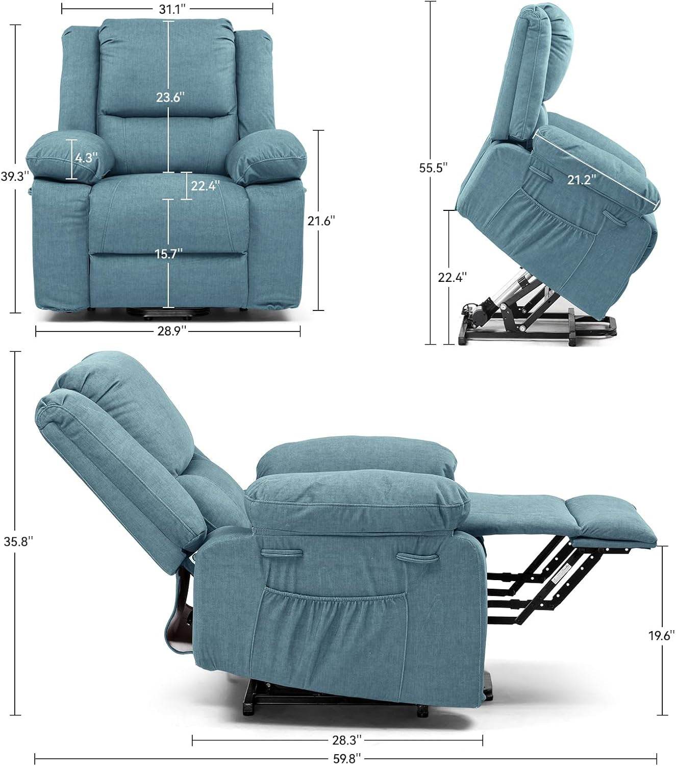 Electric Power Lift Chairs Recliners for Elderly,Recliner Chair with Massage and Heat,2 Side Pockets, Fabric(Blue) - Loft&Timber