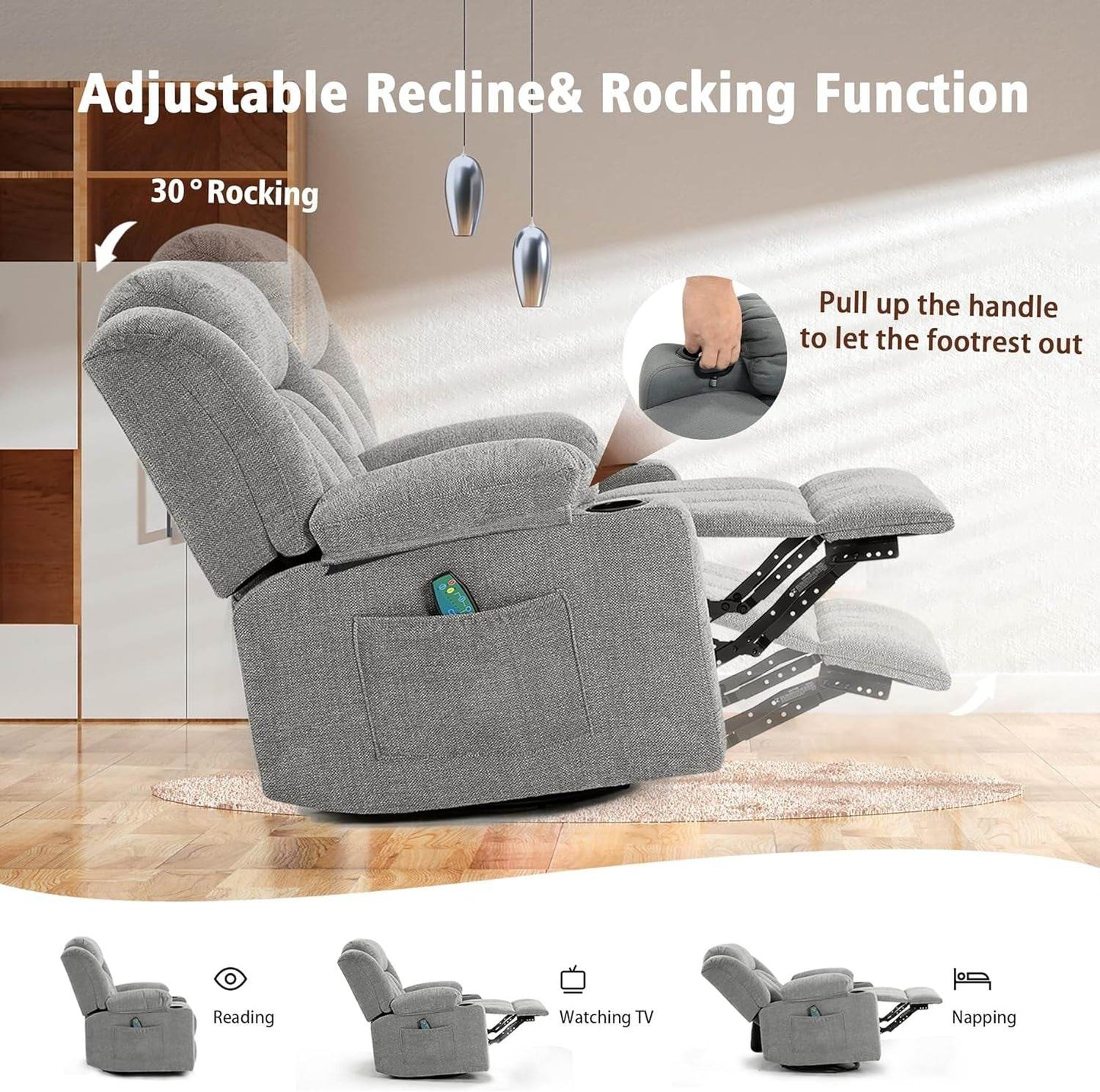 Rocker Swivel Recliner Chair, Overstuffed Large (Lime Gray) - Loft&Timber