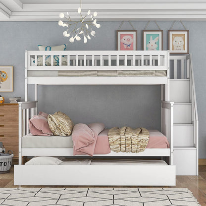 Twin over Full Bunk Beds with Twin Size Trundle & Stairway, Solid Wood Bunk Bed Twin over Full Size with Storage and Guard Rail for Bedroom, Dorm, Kids, Teens,Adults,White-2