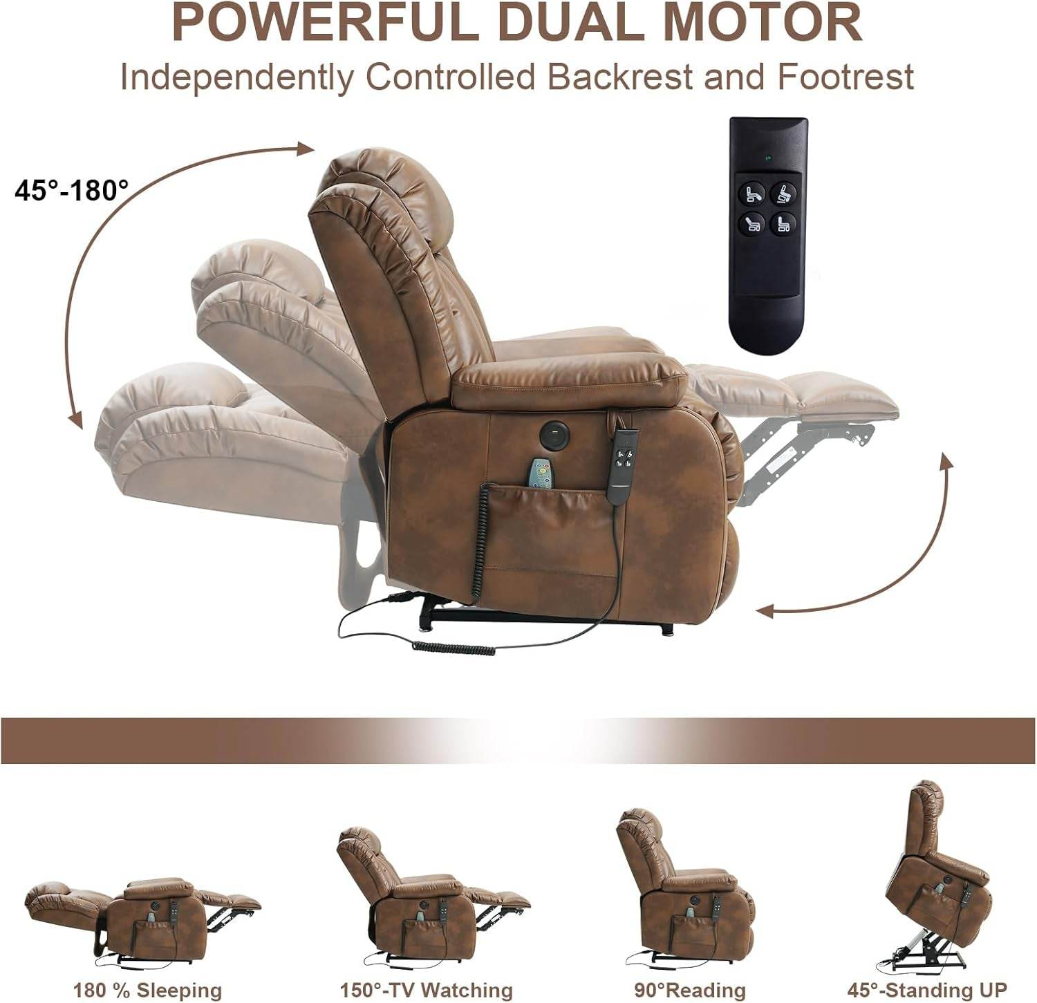 Powerful Dual Motor Lift Recliner Heat Massage Leather - Loft&Timber