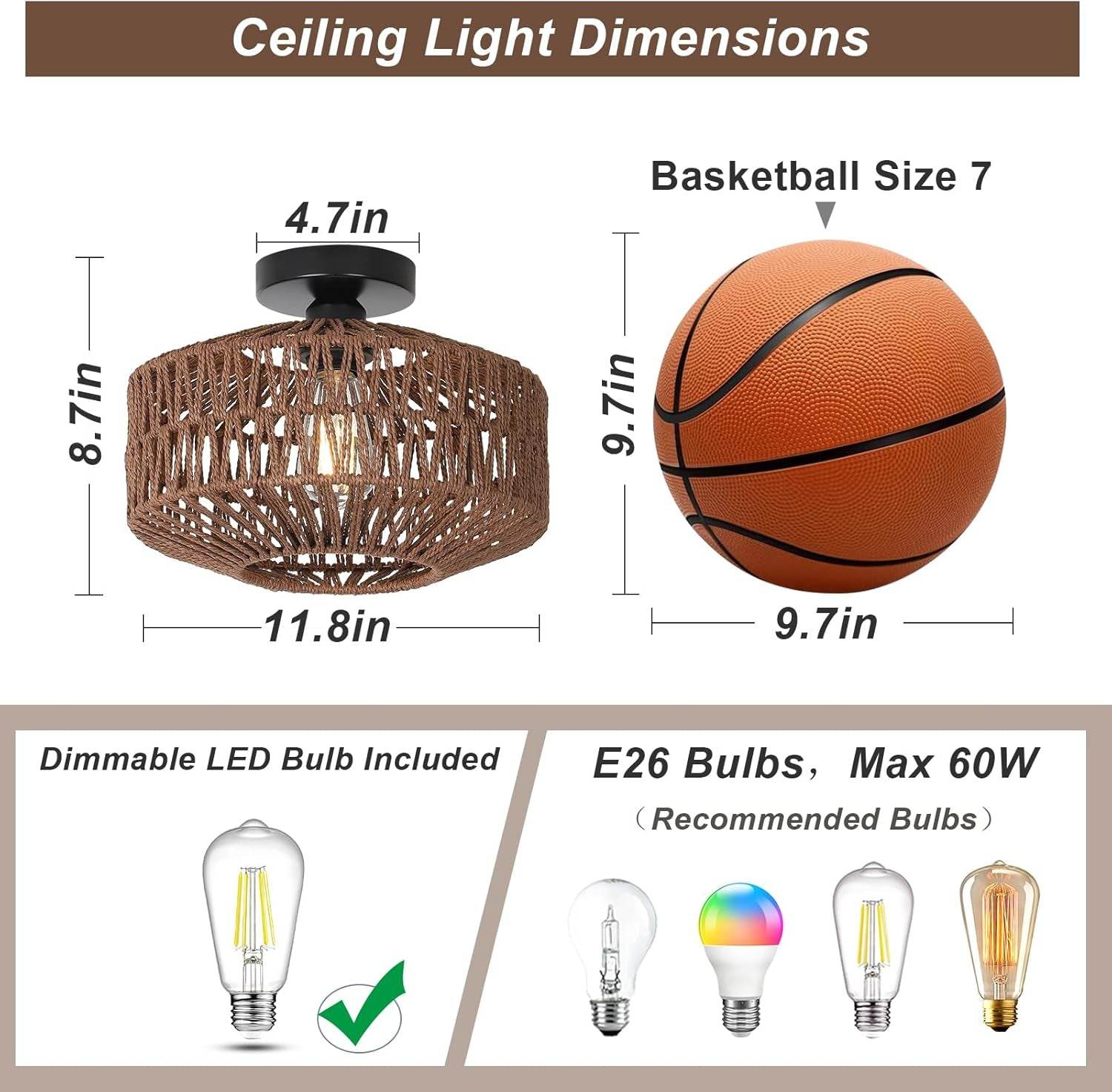 Boho Rattan Light Fixtures Ceiling Mount,Ceiling Light Fixtures with Dimmable LED Bulb,Hand Woven Rattan Chandelier Light Fixtures Ceiling for Bedroom Living Room Entryway(Dark Brown) - Loft&Timber