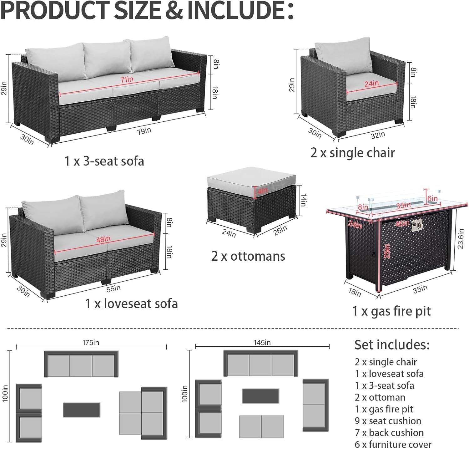 7 PCS Outdoor Furniture Sets 60000BTU 45-Inch Outdoor Propane Fire Pit Table Patio Furniture Set No-Slip Cushions and Waterproof Covers, Light Grey - Loft&Timber