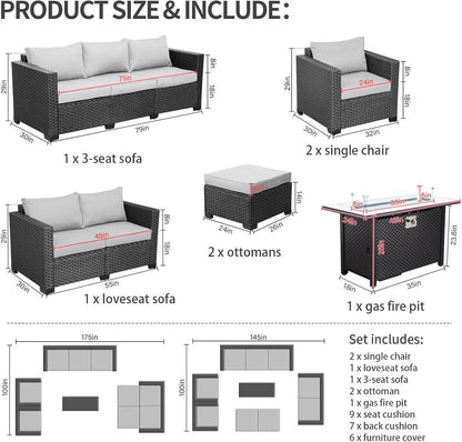 7 PCS Outdoor Furniture Sets 60000BTU 45-Inch Outdoor Propane Fire Pit Table Patio Furniture Set No-Slip Cushions and Waterproof Covers, Light Grey - Loft&Timber