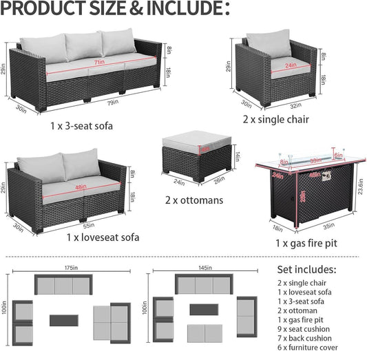 7 PCS Outdoor Furniture Sets 60000BTU 45-Inch Outdoor Propane Fire Pit Table Patio Furniture Set No-Slip Cushions and Waterproof Covers, Light Grey - Loft&Timber
