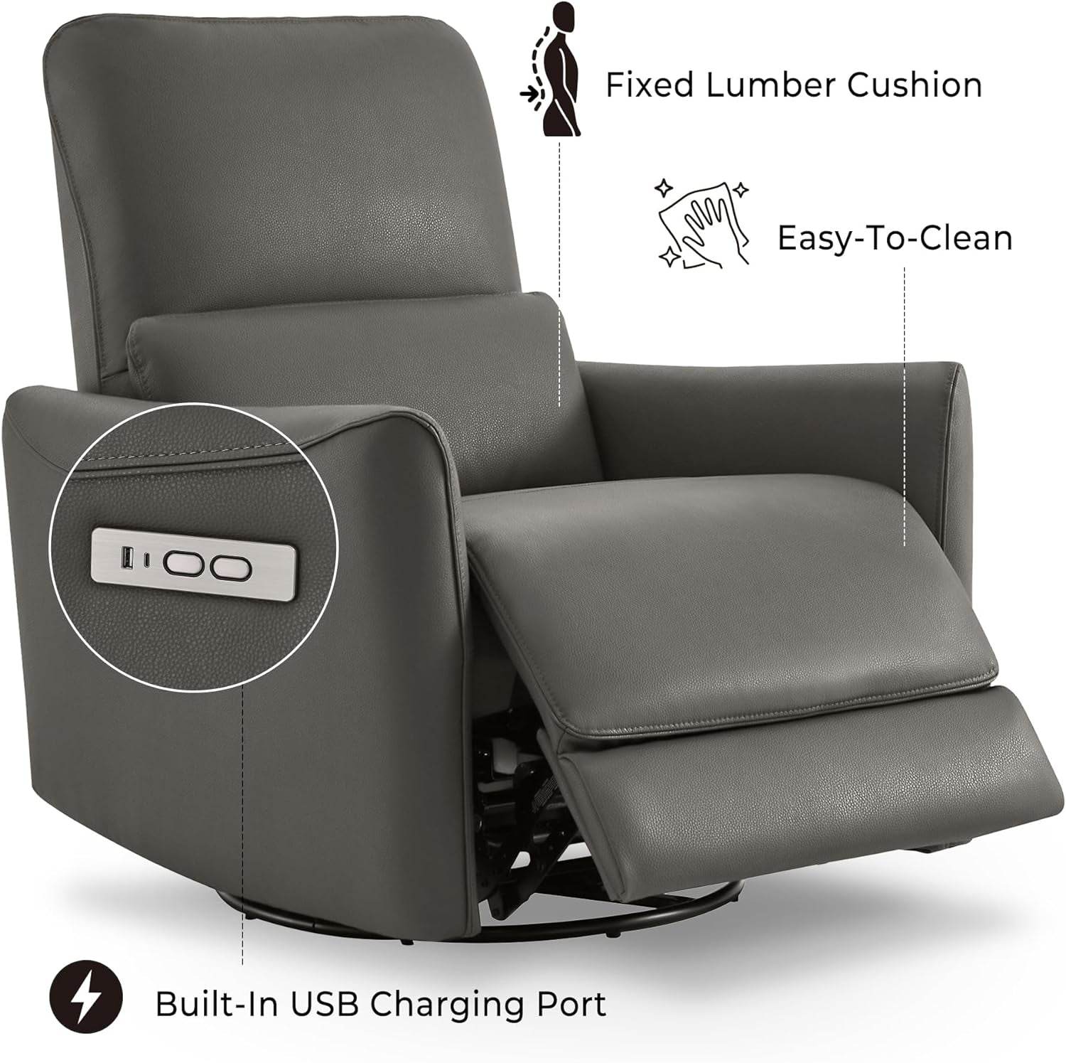 Power Recliner Chair Swivel Glider, Charcoal - Loft&Timber
