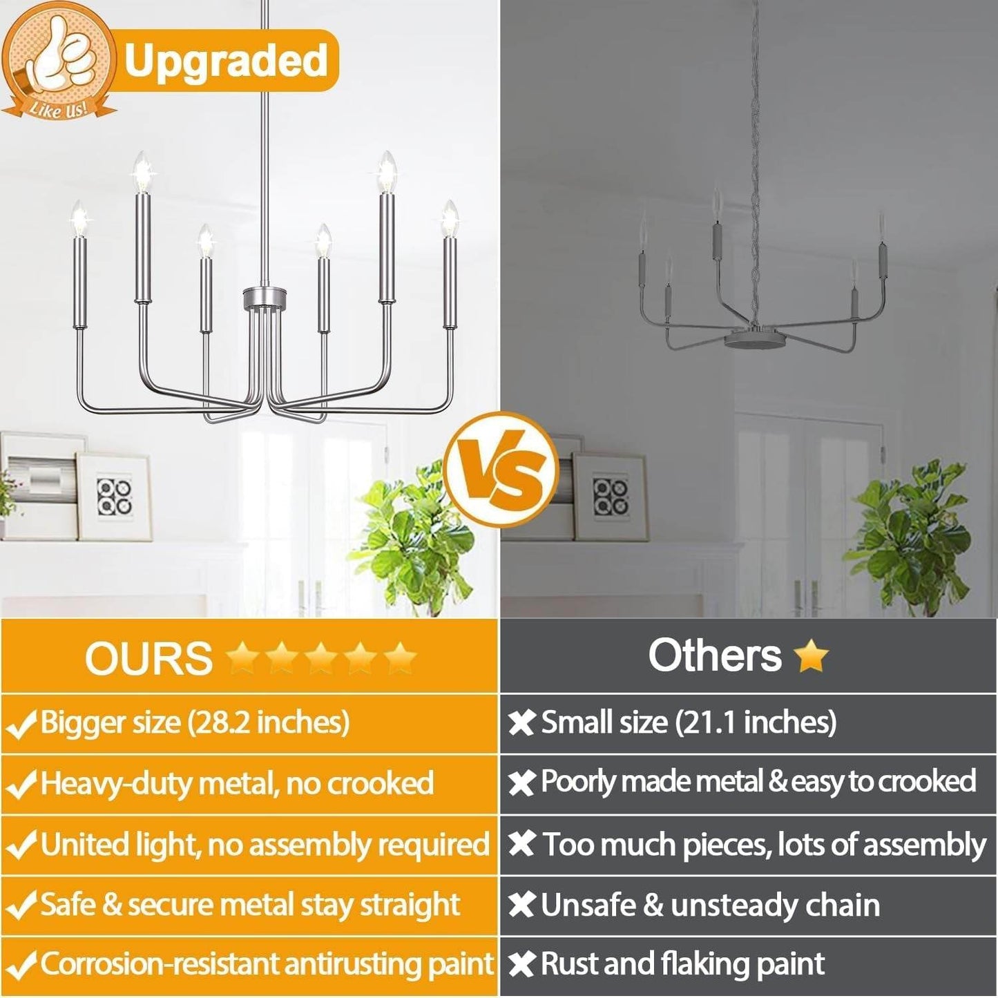 6-Light Farmhouse Chandelier for Dining Room Lighting Fixtures Hanging, Brushed Nickel Dining Light Fixtures Industrial Chandelier for Bedroom, Foyer, Hall, Kitchen, Living Room and Entryway - Loft&Timber