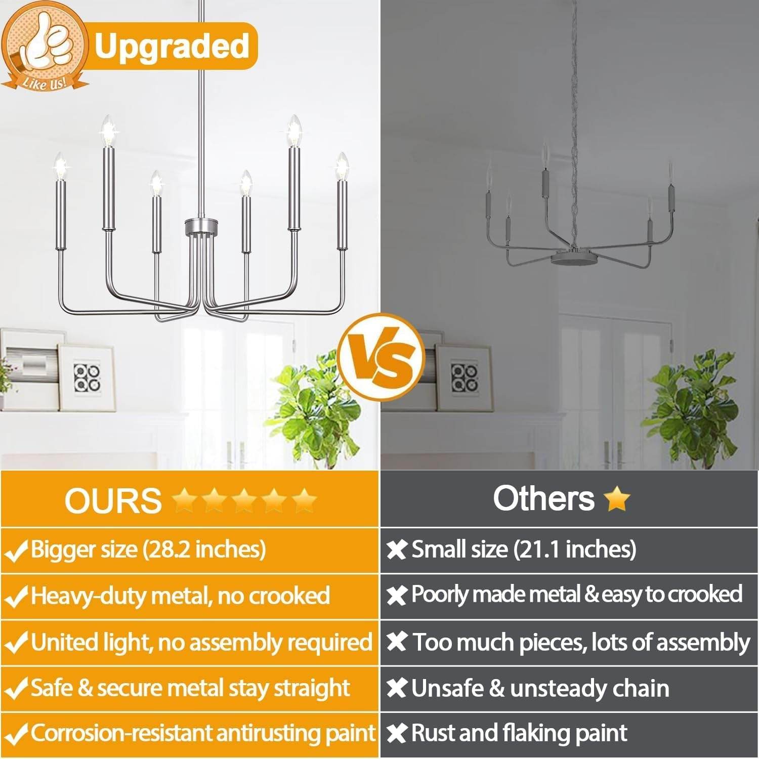 6-Light Farmhouse Chandelier for Dining Room Lighting Fixtures Hanging, Brushed Nickel Dining Light Fixtures Industrial Chandelier for Bedroom, Foyer, Hall, Kitchen, Living Room and Entryway - Loft&Timber