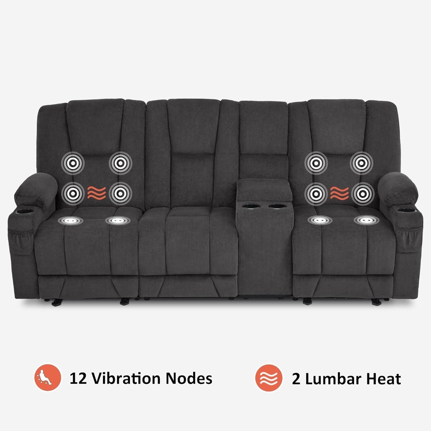 Power Reclining Sofa with Heat and Vibration (Grey) - Loft&Timber