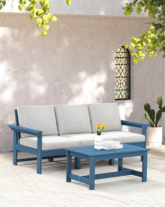 HDPE Patio Sofa Set, 4-Piece Sectional Outdoor Patio Furniture Set, All Weather Patio Couch Set Patio Furniture Set for Deck, Lawn, Blue Frame with Khaki Cushion - Loft&Timber