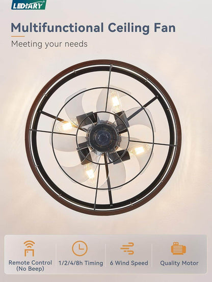 20 Inch Fandelier Caged Ceiling Fan with Light, Bladeless Ceiling Fan with Remote, Farmhouse Fan Lights Ceiling Fixtures for Kitchen, Bedroom, Outdoor(6 Speed, Timing) - Walnut - Loft&Timber