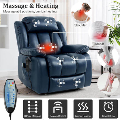 Dual Motor Large Power Lift Recliner Chair Recliners for Elderly, Infinite Position Recliner Chair with Heat and Massage, Breathable Leather(Dark Blue) - Loft&Timber