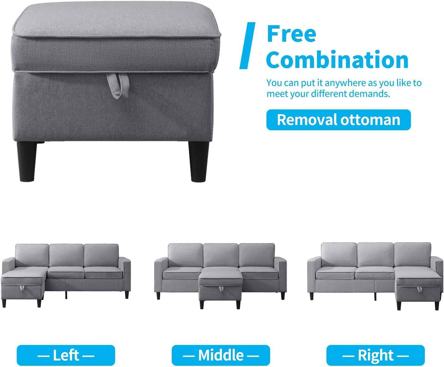 Convertible Sofa Set | Linen Upholstered Sectional Sofa with Storage Ottoman - Loft&Timber