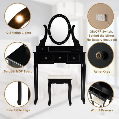 Black Vanity Dressing Table Set with Rotating Mirror - Loft&Timber