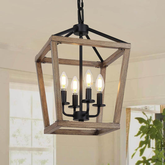 4-Light Farmhouse Chandelier Rustic Wood Cage Light - Loft&Timber