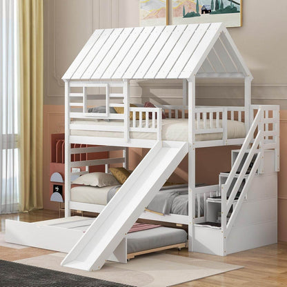 Kids Twin Bunk Bed with Slide, Trundle & Storage - Loft&Timber