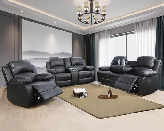Manual Recliner Sofa Set, Bonded Leather in Black - Loft&Timber