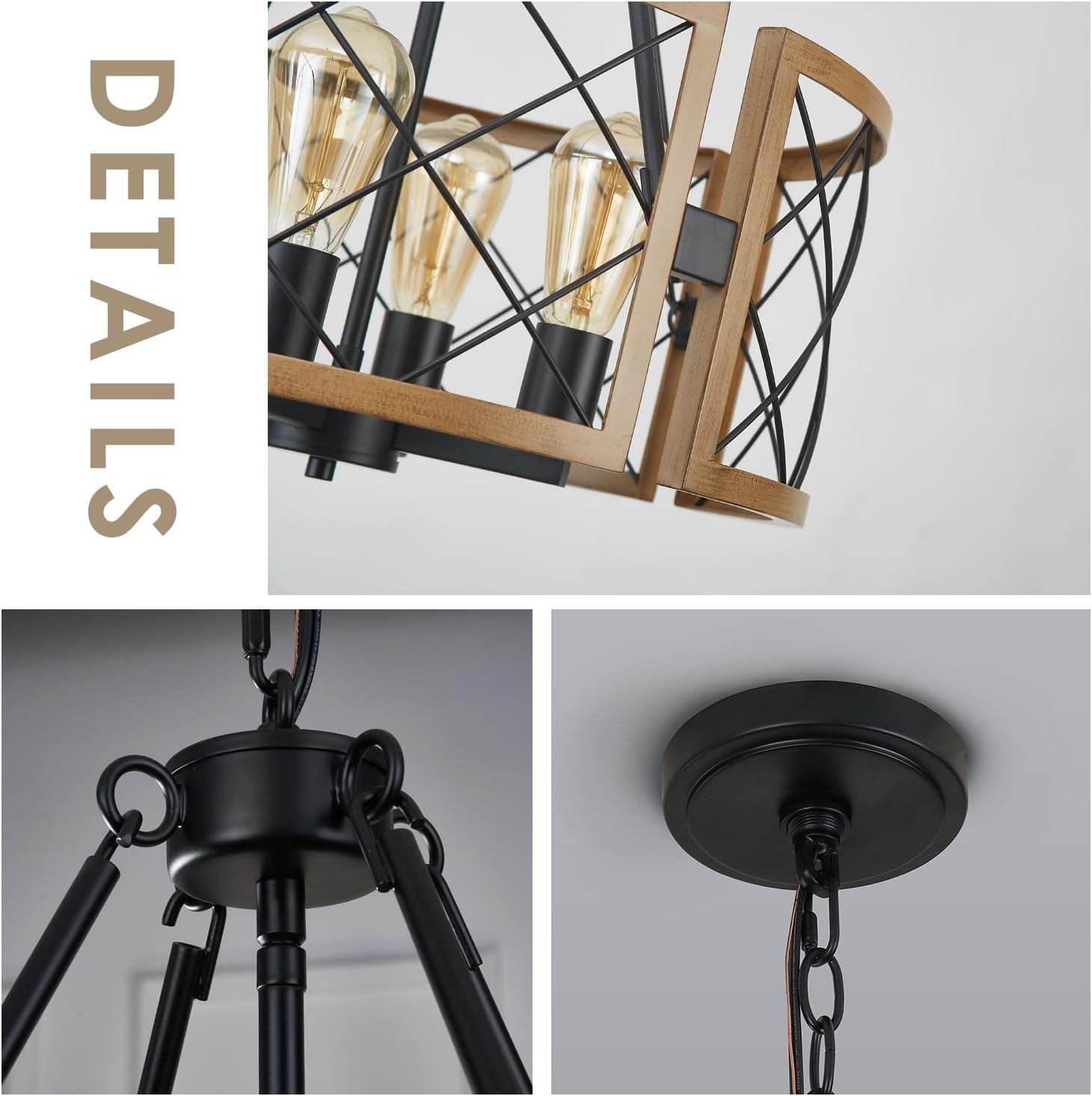 D19'' Farmhouse Chandelier for Dining Room, 4-Light Adjustable Kitchen Island Lighting, Vintage Hanging Pendant Light Fixtures for Entryway Foyer Bedroom Hallway, Black & Dark Oak - Loft&Timber