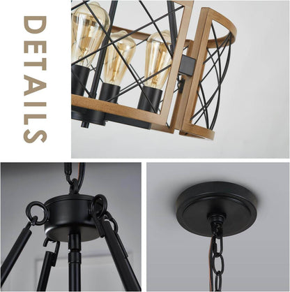 D19'' Farmhouse Chandelier for Dining Room, 4-Light Adjustable Kitchen Island Lighting, Vintage Hanging Pendant Light Fixtures for Entryway Foyer Bedroom Hallway, Black & Dark Oak - Loft&Timber