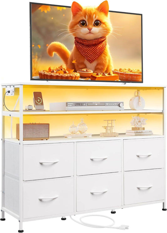 Led Dresser TV Stand for Bedroom, Entertainment Center with LED Lights and Power Outlet, 6 Drawer Dressers with Double Open Shelves, White TV Stands-0