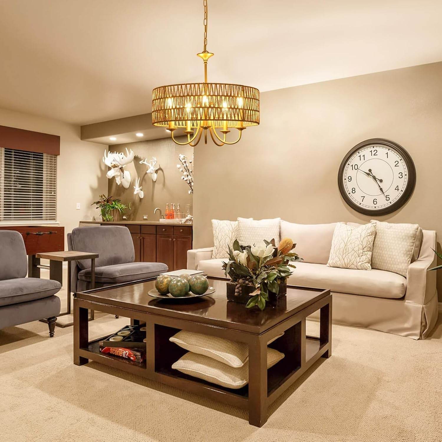 Gold Chandelier Light Fixtures with 5-Light Large Boho Rattan Pendant - Loft&Timber