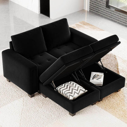 Velvet Modular Sectional Sofa Couch with Storage Convertible Sectional Sleeper Sofa Couch Bed Set with Reversible Chaise Black - Loft&Timber