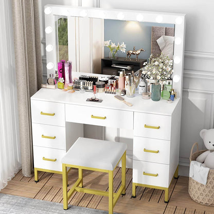 White Vanity Desk Set with Lighted Mirror - Loft&Timber
