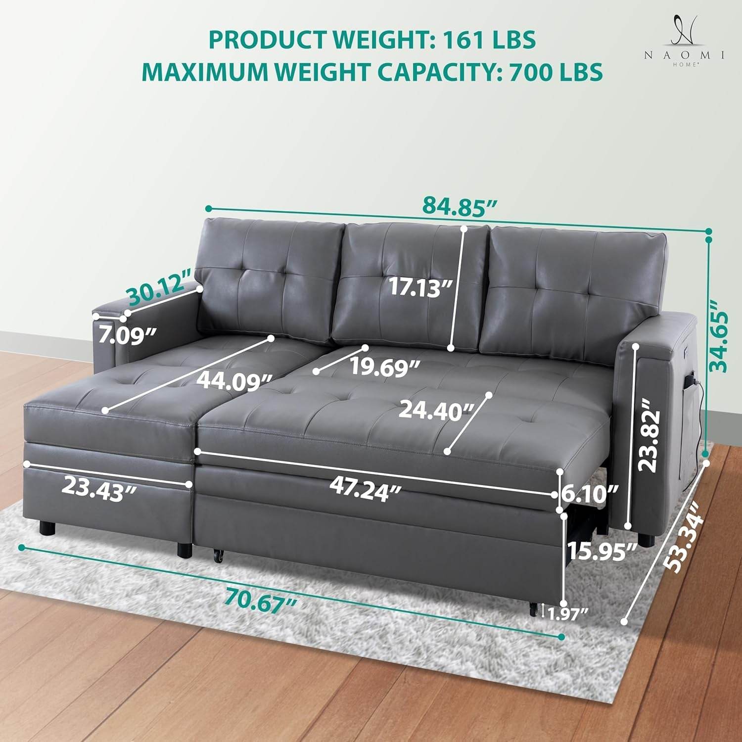 L-Shaped Sectional Sleeper Sofa with USB Ports - Convertible Pull-Out Bed, Ample Storage, Timeless Design, Durable Construction, Gray/Air Leather - Loft&Timber