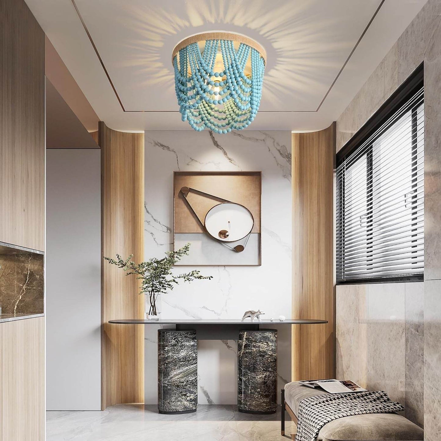 Boho Light Fixture, 3 Light Wood Bead Chandelier, Ceiling Beaded Light Fixture, Nursery Light Fixture, Blue, 12.6 X 9.3 Inches - Loft&Timber