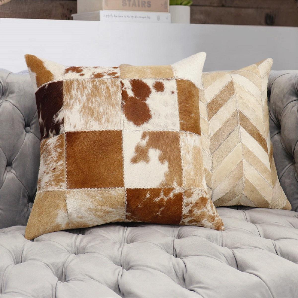 Canvello Safari Checkered Brown Cowhide 17" Decorative Throw Pillow - Loft&Timber