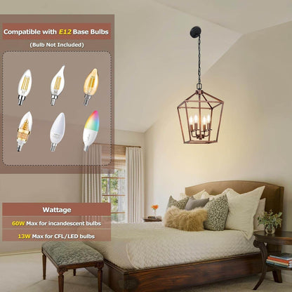 Chandelier for Dining Room, 4-Light Rustic Chandelier Fixtures, Vintage Ceiling Light with Adjustable Height, Antique Bronze Geometric Hanging Light for Bedroom, Foyer, Kitchen, Living Room, Entryway - Loft&Timber