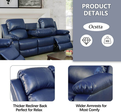 Manual Leather Recliner Sofa Set for Living Room Furniture Set for 3-Pieces(Sofa+Loveseat+Chair) Blue - Loft&Timber